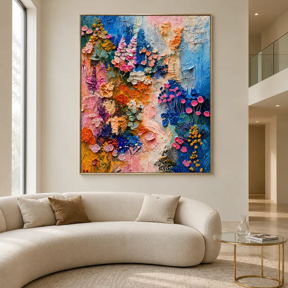 Blue and Pink Hand-Painted Oil Painting, Expressive Floral Abstract #SPCZIUW7