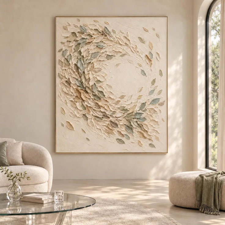 Cream Hand-Painted 3D Textured Oil Painting, Sage Leaf Swirl Wall Art #2JPRKE6N