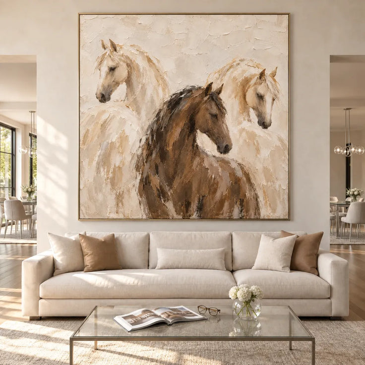 Cream and Brown Hand-Painted Oil Painting, Three Horses #FLZV73BL