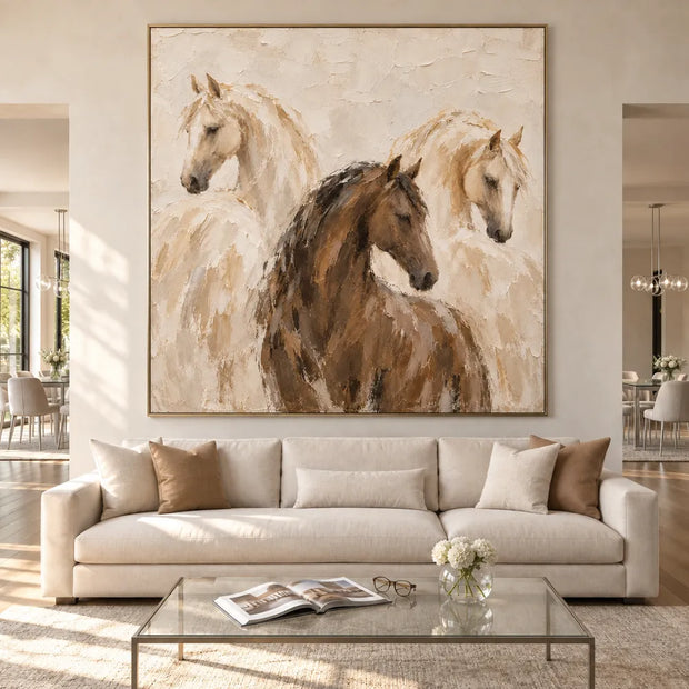 Cream and Brown Hand-Painted Oil Painting, Three Horses #FLZV73BL