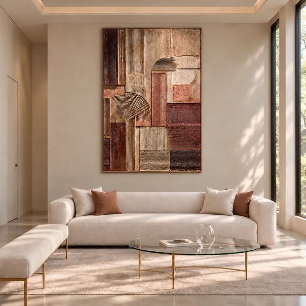 Brown and Beige Hand-Painted Oil Painting, Geometric Arches and Linear Blocks #SOT3Y088