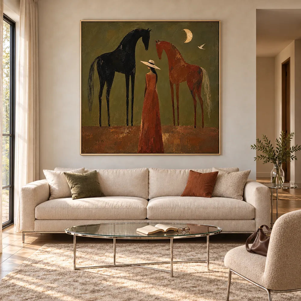 Olive & Rust Hand-Painted Oil Painting, Woman and Horses with Crescent Moon #HO11S3B9