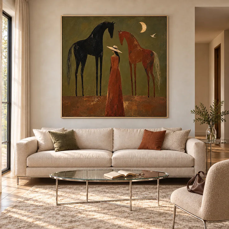 Olive & Rust Hand-Painted Oil Painting, Woman and Horses with Crescent Moon #HO11S3B9