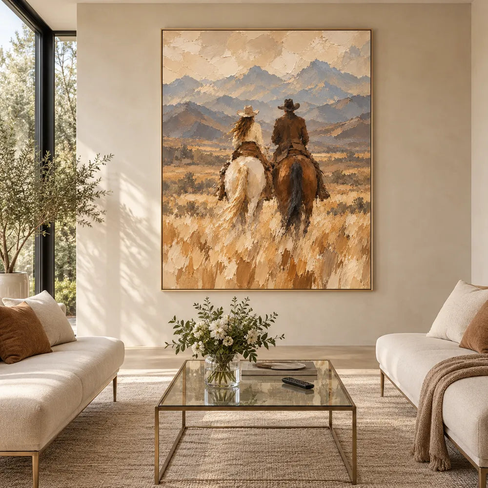 Sand and Blue Gray Hand-Painted Oil Painting, Riders Facing the Mountains #3TULKAQH
