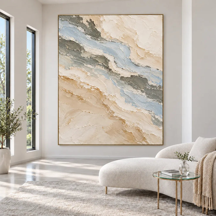 Beige Hand-Painted Oil Painting, Blue-Gray Bands in a Vertical Abstract #4AQDKY69
