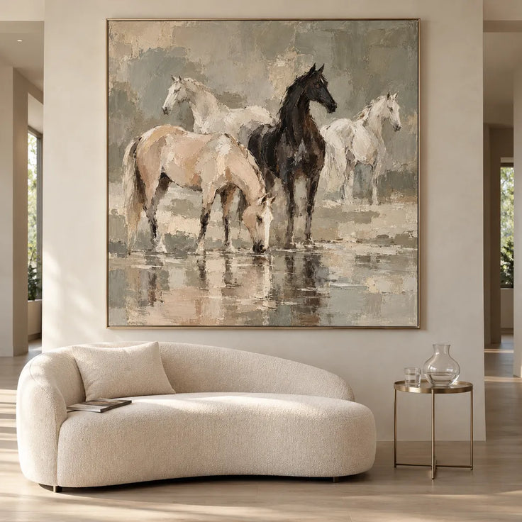 Hand-Painted Oil Painting, Four Horses at the Water in Soft Earth Tones #VUCHU1Y7