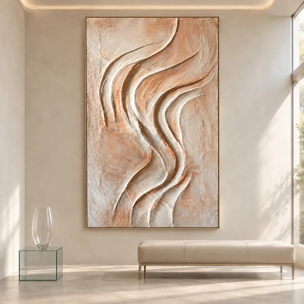 Peach Cream Hand-Painted 3D Textured Oil Painting, Sinuous Ridges Wall Art #TFAXNVHH
