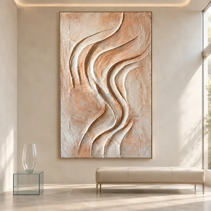 Peach Cream Hand-Painted 3D Textured Oil Painting, Sinuous Ridges Wall Art #TFAXNVHH