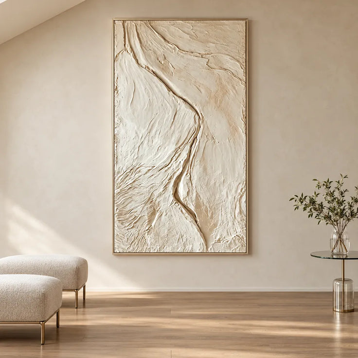 Ivory Hand-Painted 3D Textured Oil Painting, Winding Channel Wall Art #FFC33IEH