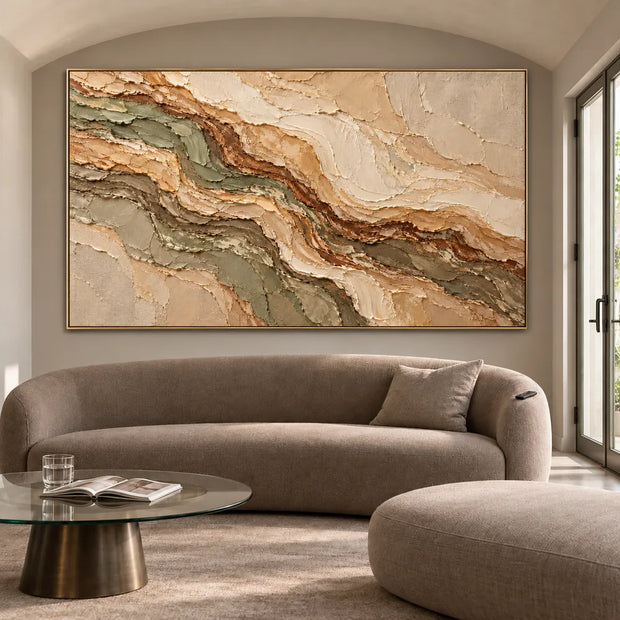 Earth-Tone Hand-Painted 3D Textured Oil Painting, Olive and Brown Strata #CZ83GDFB