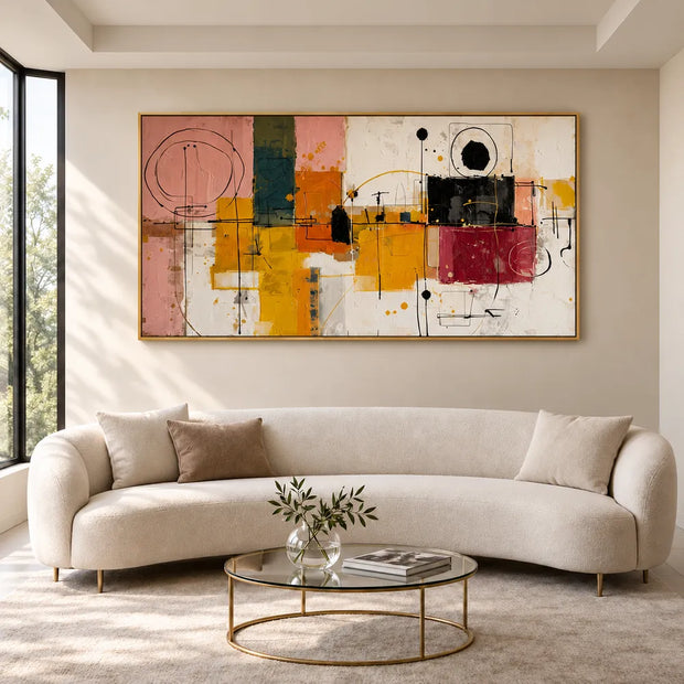 Mustard and Burgundy Hand-Painted Oil Painting, Geometric Abstract #LV534W2B
