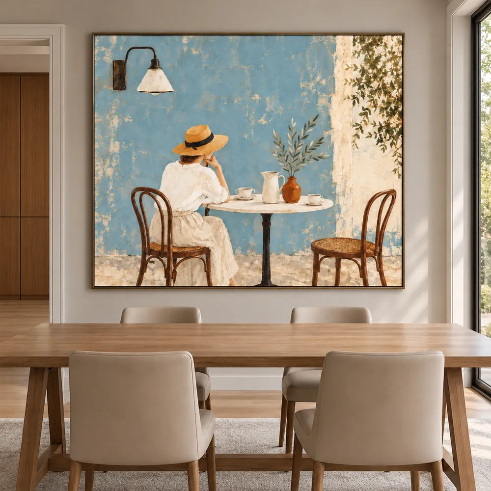 Blue Hand-Painted Oil Painting, Woman at a Cafe Table Wall Art #1IE39W18