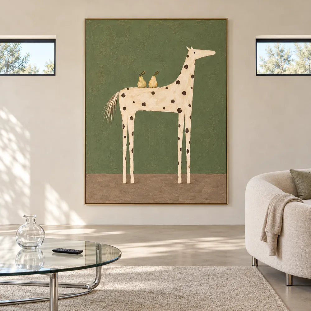 Olive Green Hand-Painted Oil Painting, Spotted Horse Carrying Two Pears #IIUZU07G