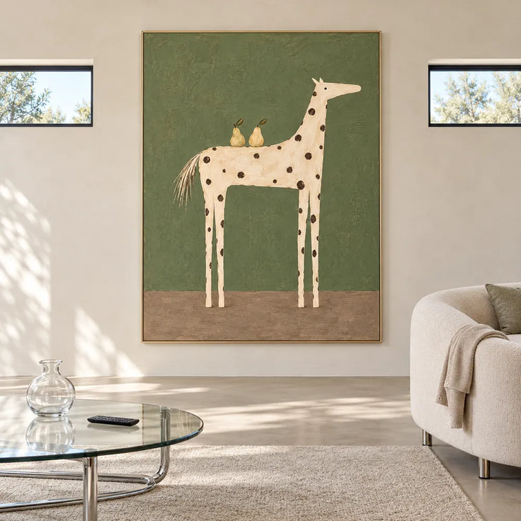 Olive Green Hand-Painted Oil Painting, Spotted Horse Carrying Two Pears #IIUZU07G