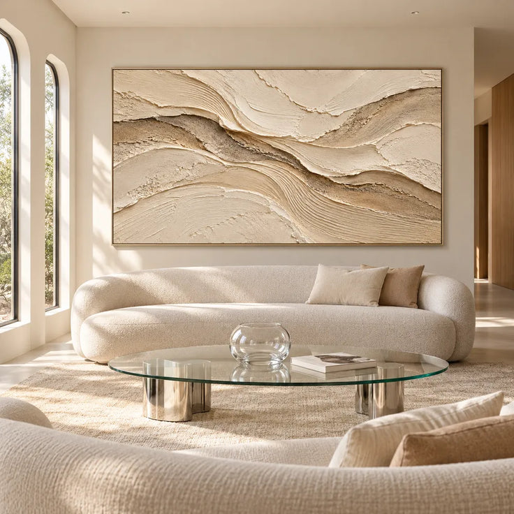 Beige Hand-Painted 3D Textured Oil Painting, Sweeping Layered Wave Abstract #6YZ3XFNK