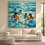 Turquoise Blue Hand-Painted Oil Painting, Seven Swimmers in Sunlit Water #2RV5N5Z4