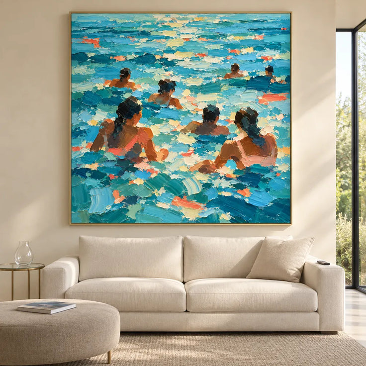 Turquoise Blue Hand-Painted Oil Painting, Seven Swimmers in Sunlit Water #2RV5N5Z4