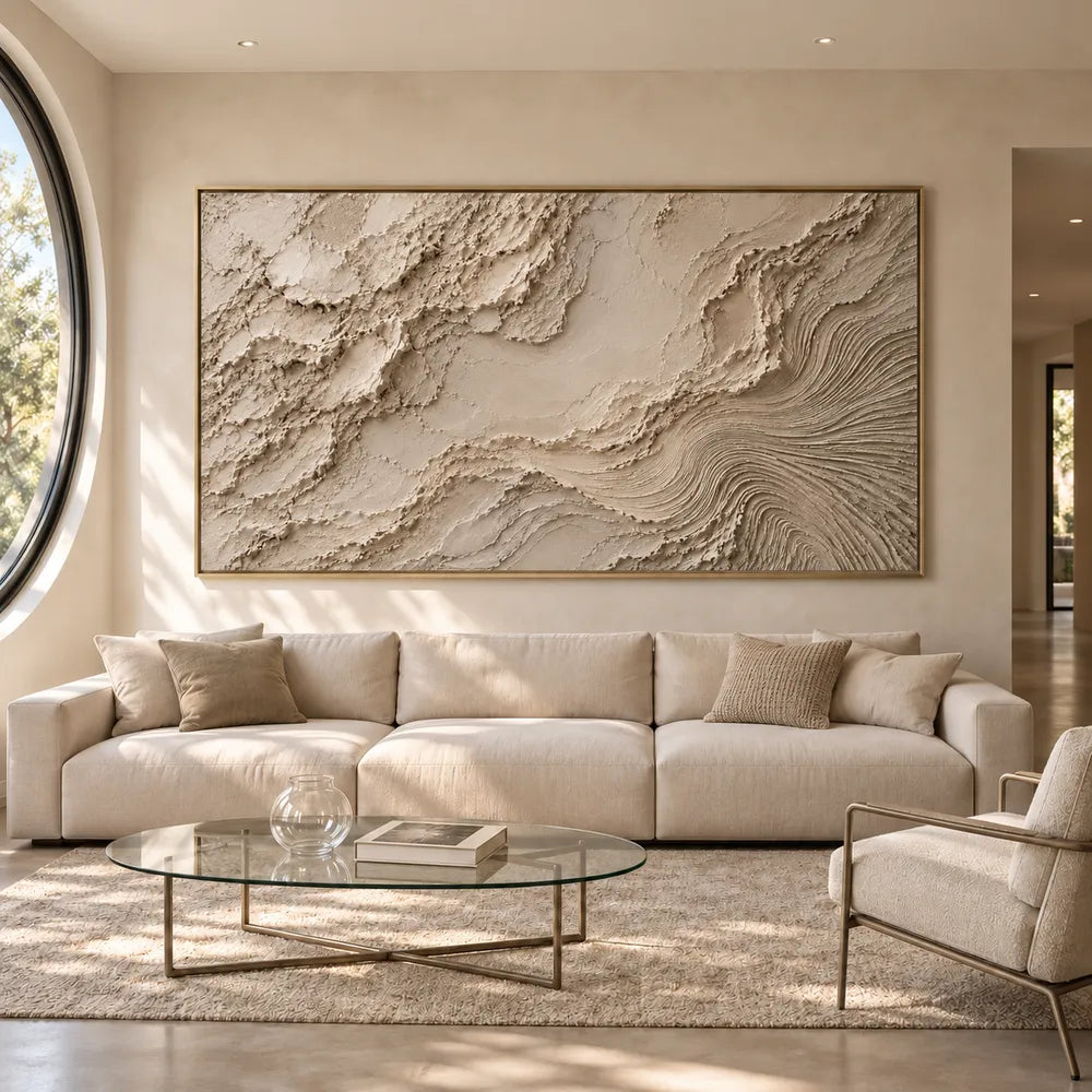 Beige Hand-Painted 3D Textured Oil Painting, Rough Layers and Combed Curves Abstract #IK9DA1WL