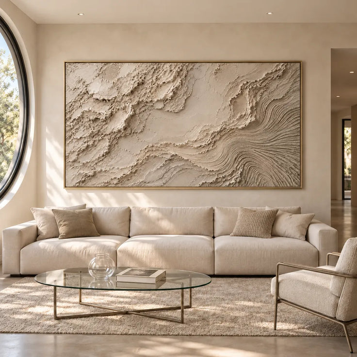 Beige Hand-Painted 3D Textured Oil Painting, Rough Layers and Combed Curves Abstract #IK9DA1WL