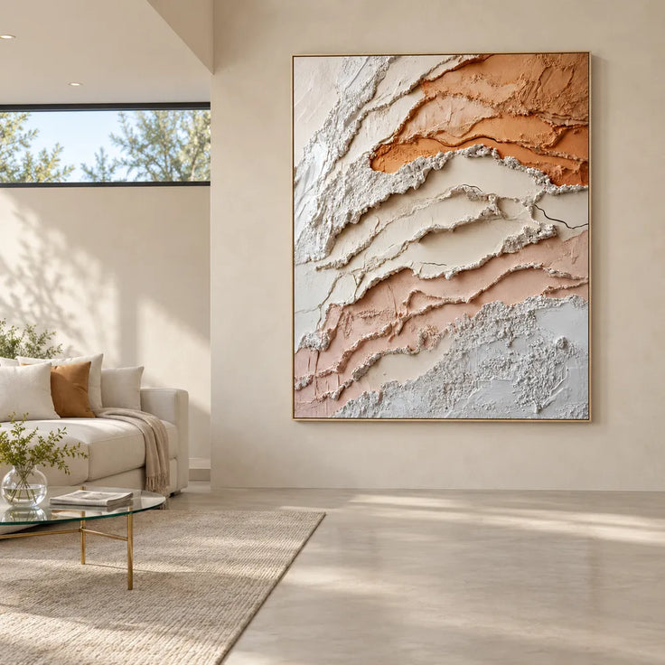 Ivory and Peach Hand-Painted 3D Textured Oil Painting, Layered Organic Abstract #QOJT9JV1