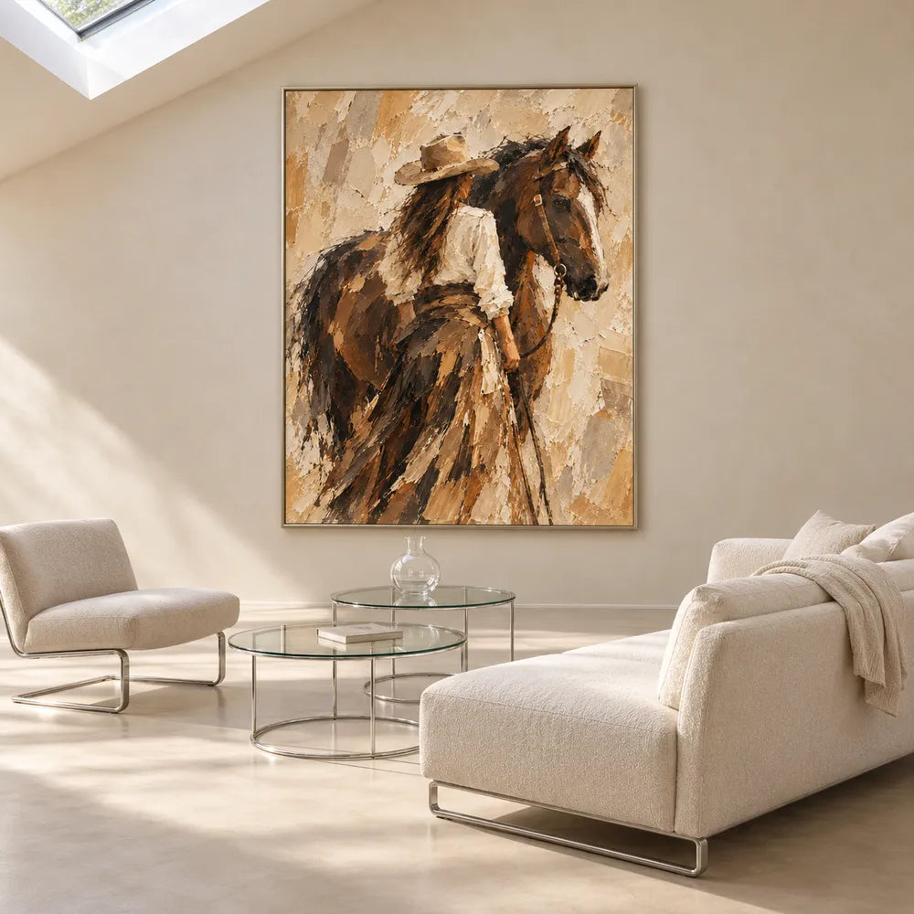 Brown and Cream Hand-Painted Oil Painting, Cowgirl Beside a Horse #JD6LI4AH
