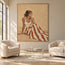 Beige Hand-Painted Oil Painting, Seated Woman with Rust and Ivory Striped Skirt #8OJBHZ91