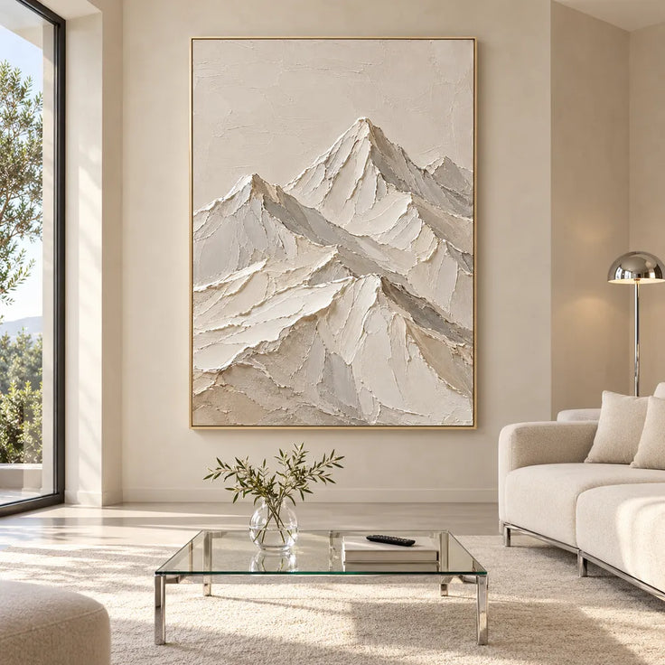 Ivory Hand-Painted 3D Textured Oil Painting, Minimal Mountain Peaks #SUBDFZDI