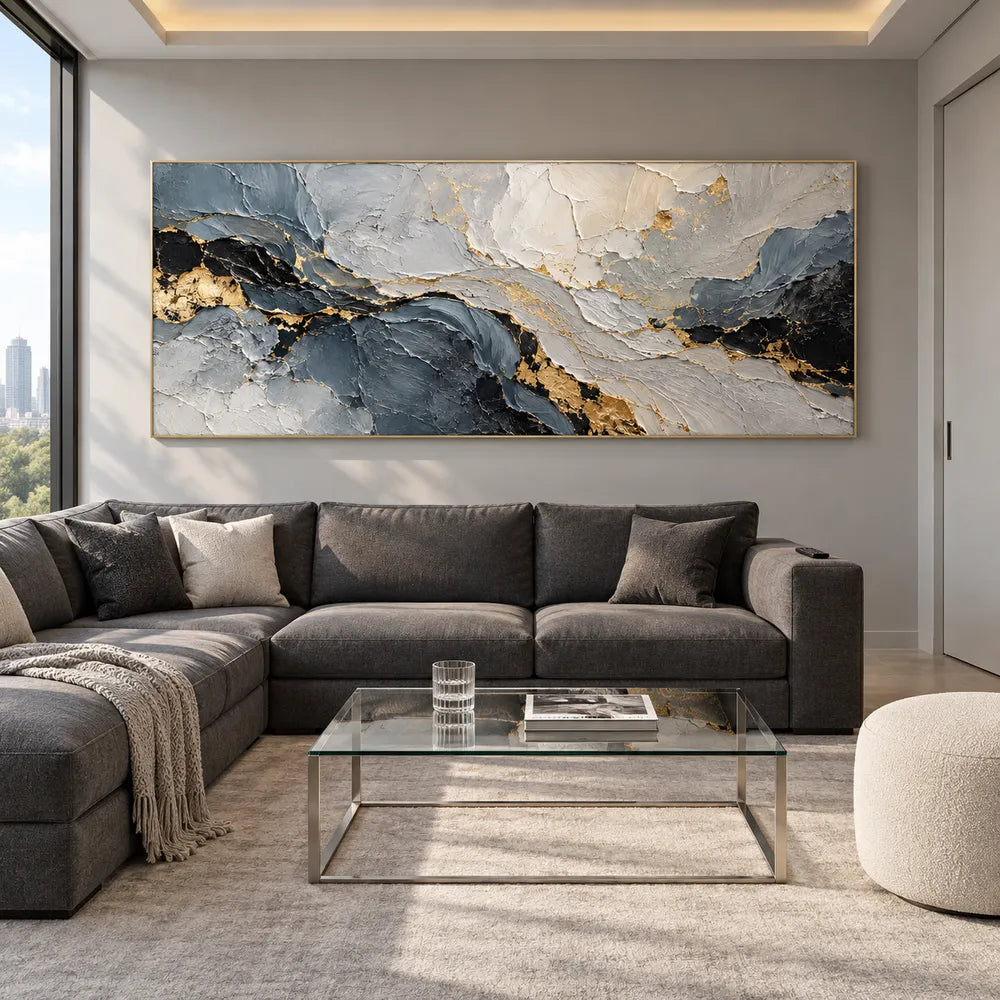 Gray Hand-Painted 3D Textured Oil Painting, Dark Layers and Gold Tones #X6RDSFYU