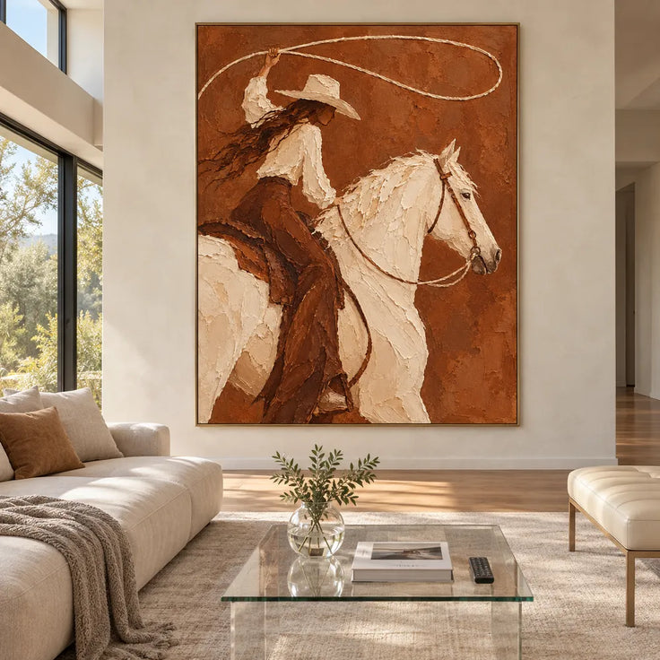 Brown and Ivory Hand-Painted Oil Painting, Cowgirl with Lasso on White Horse #2F4THA0A
