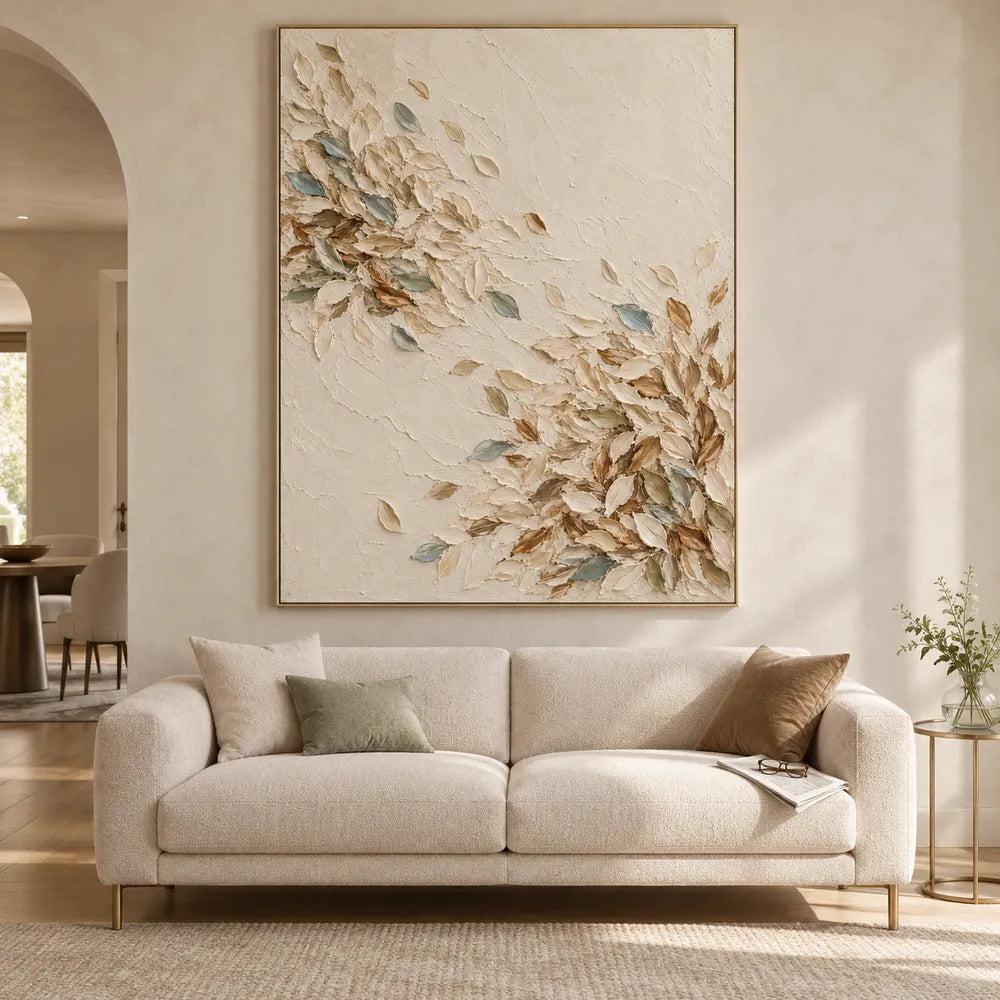 Cream Hand-Painted Oil Painting, Sweeping Leaves with Muted Blue Accents #03M1QDNU