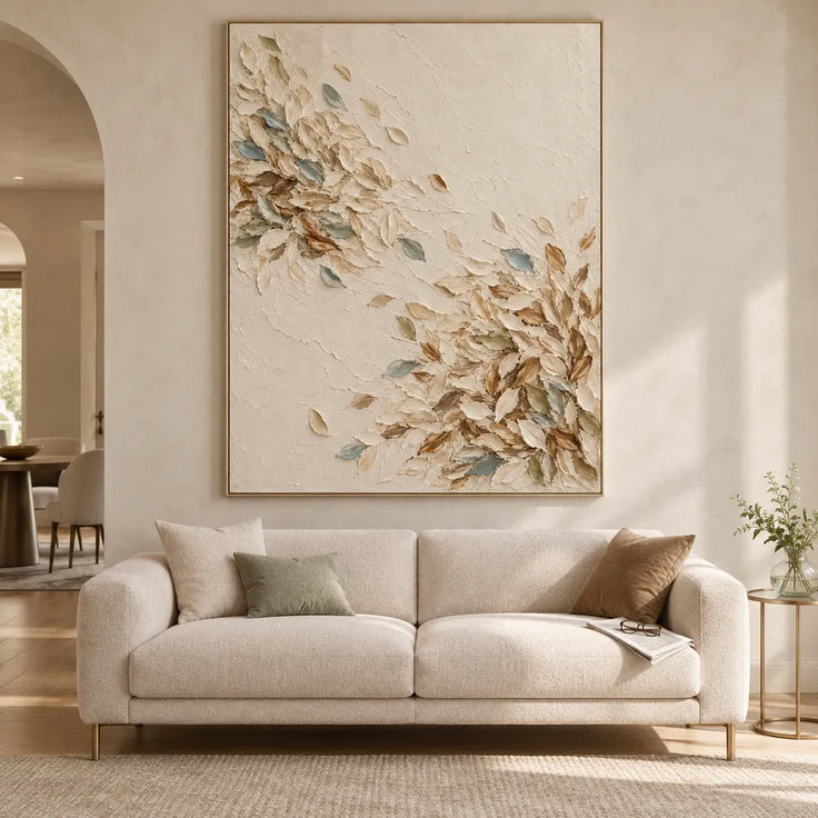 Cream Hand-Painted Oil Painting, Sweeping Leaves with Muted Blue Accents #03M1QDNU