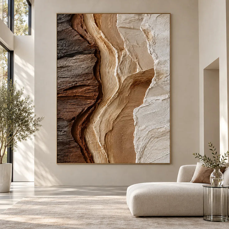 Brown Cream Hand-Painted 3D Textured Oil Painting, Vertical Strata Wall Art #WUOPLO0U