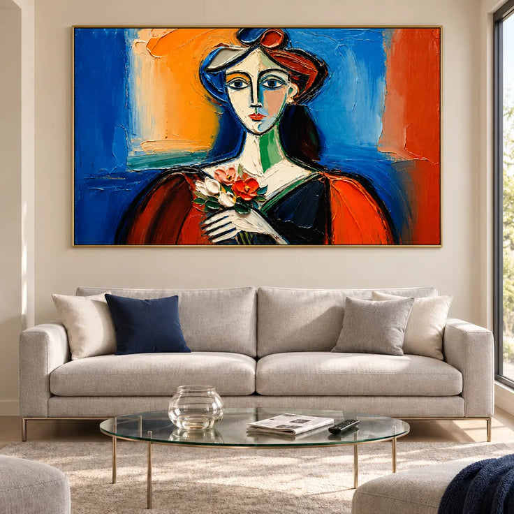 Blue and Orange Hand-Painted Oil Painting, Geometric Woman Holding Flowers #RWCVBPGR