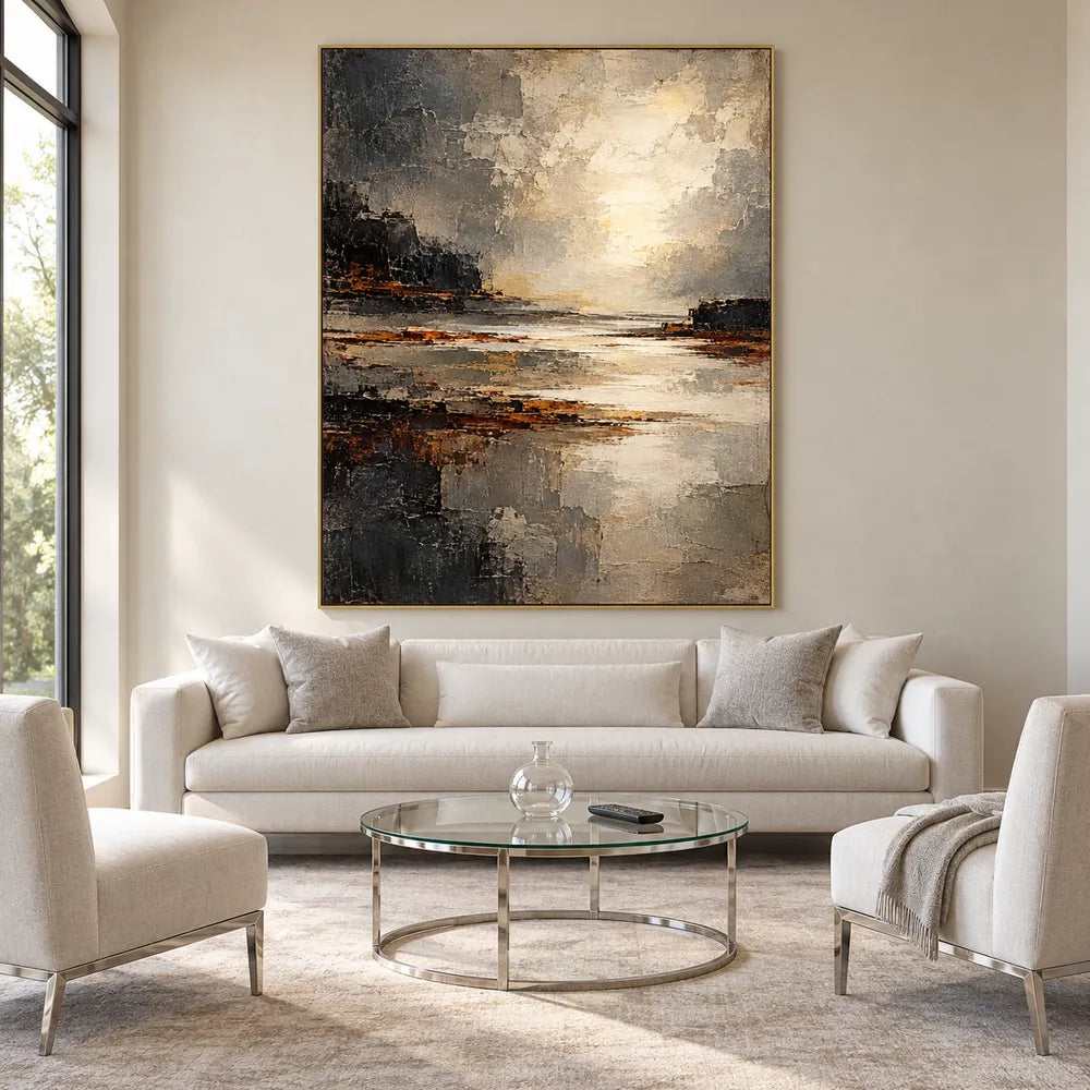 Charcoal and Cream Hand-Painted Oil Painting, Abstract Luminous Shore #AMXNLXWV