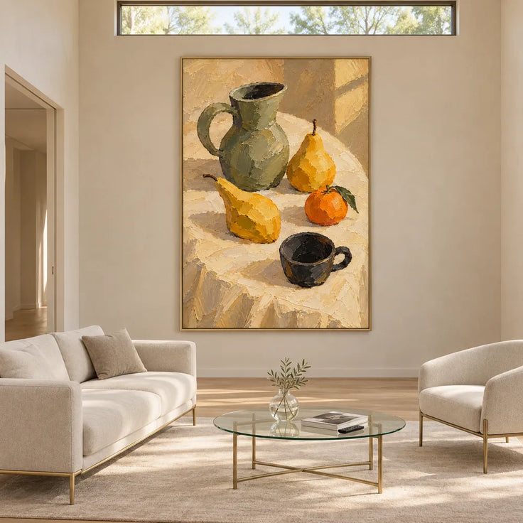 Yellow Hand-Painted Oil Painting, Pears and a Green Pitcher in Sunlight #D50B9HBJ