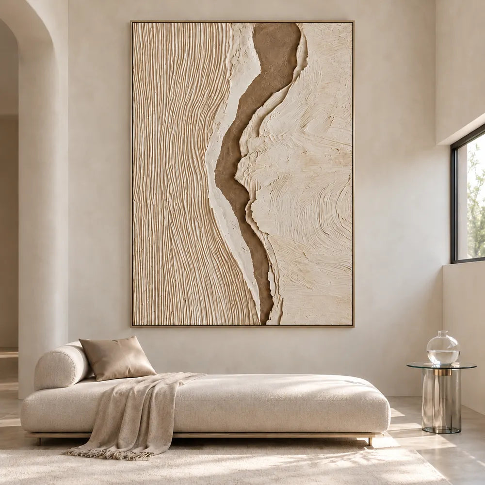 Cream Taupe Hand-Painted 3D Textured Oil Painting, Central Ravine Wall Art #8OE57EYP