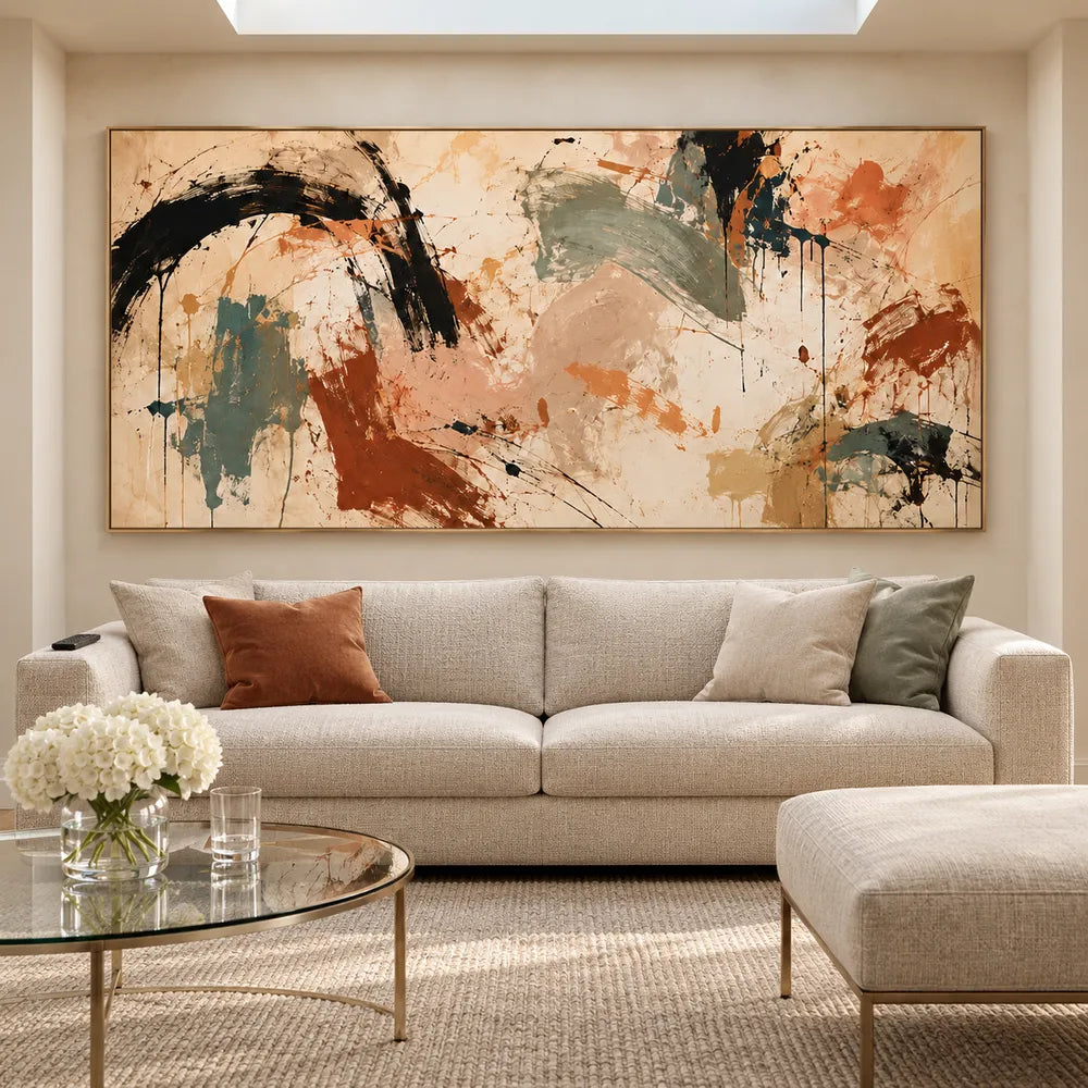 Beige Hand-Painted Oil Painting, Black Arcs and Sage Abstract #HRPVAO7I