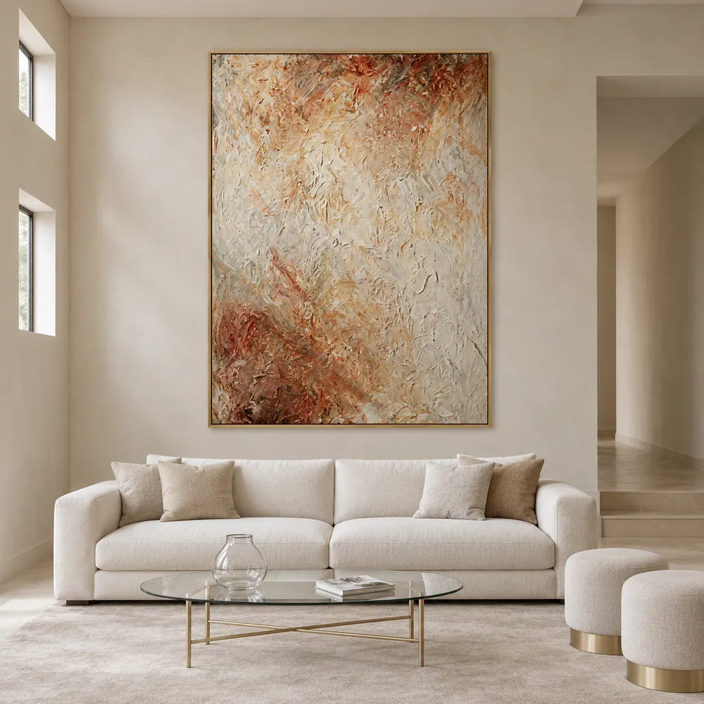 Cream and Warm Brown Hand-Painted Oil Painting, Soft Organic Abstract #97YZ35BG