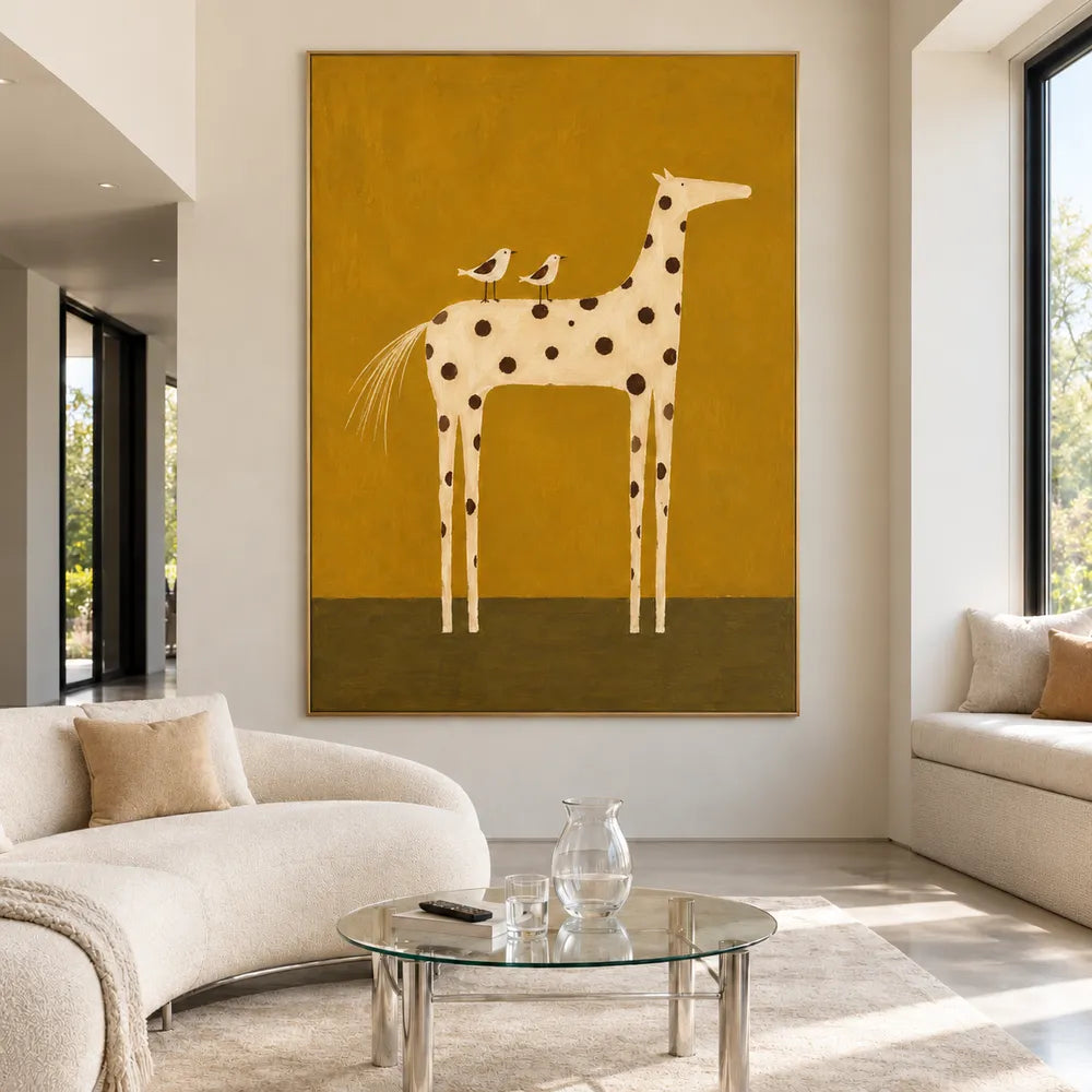 Mustard Yellow Hand-Painted Oil Painting, Spotted Horse with Two Birds #8COVKX2O