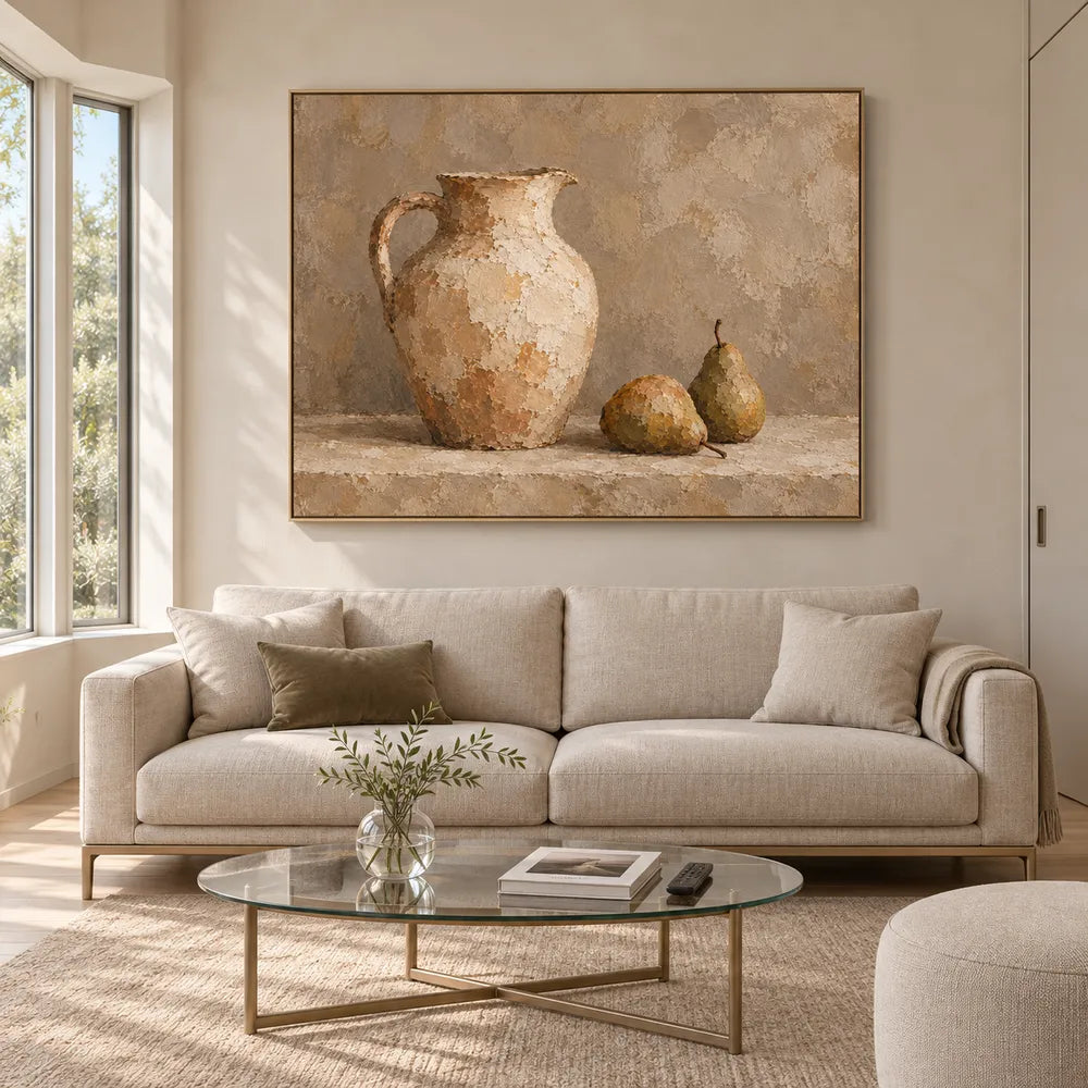 Beige Hand-Painted Oil Painting, Handled Pitcher and Two Pears #899ZRQMG