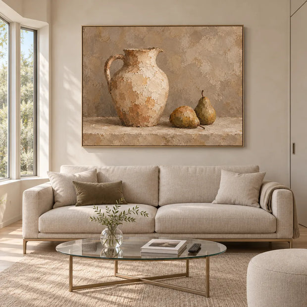 Beige Hand-Painted Oil Painting, Handled Pitcher and Two Pears #899ZRQMG