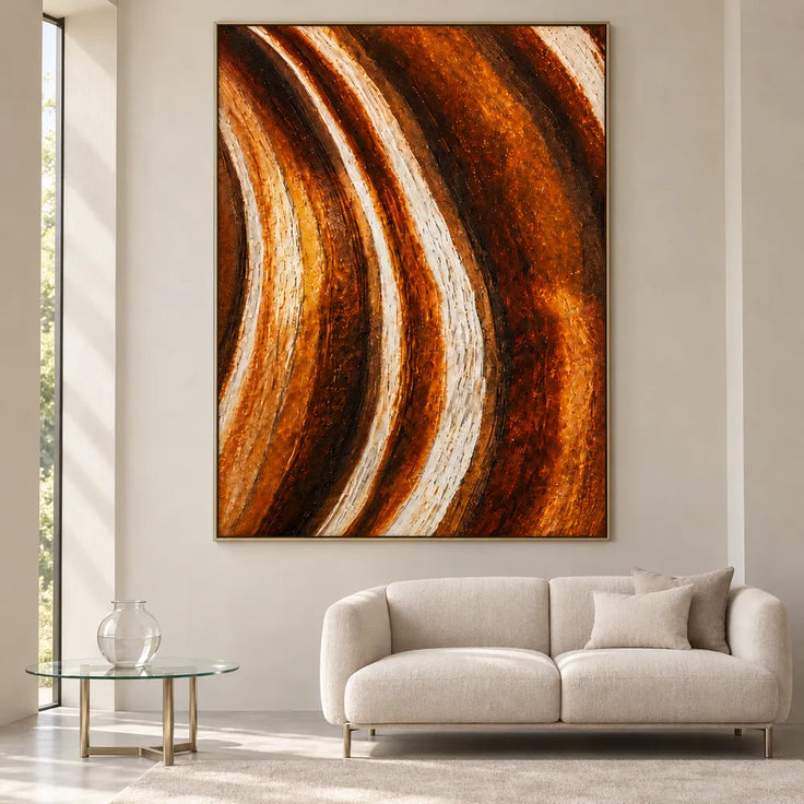 Amber Brown Hand-Painted 3D Textured Oil Painting, Flowing Streaks Wall Art #77Z7AGGF