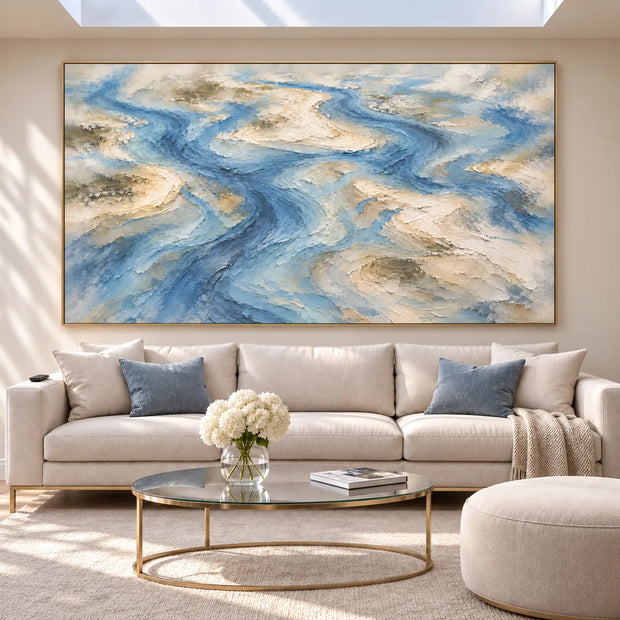 Blue Hand-Painted Oil Painting, Winding Channels and Pale Banks #B0XLQNVH