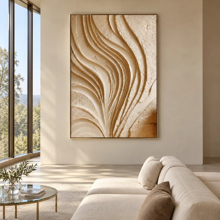 Cream Hand-Painted 3D Textured Oil Painting, Flowing Ribbon Abstract #3SILN1UH
