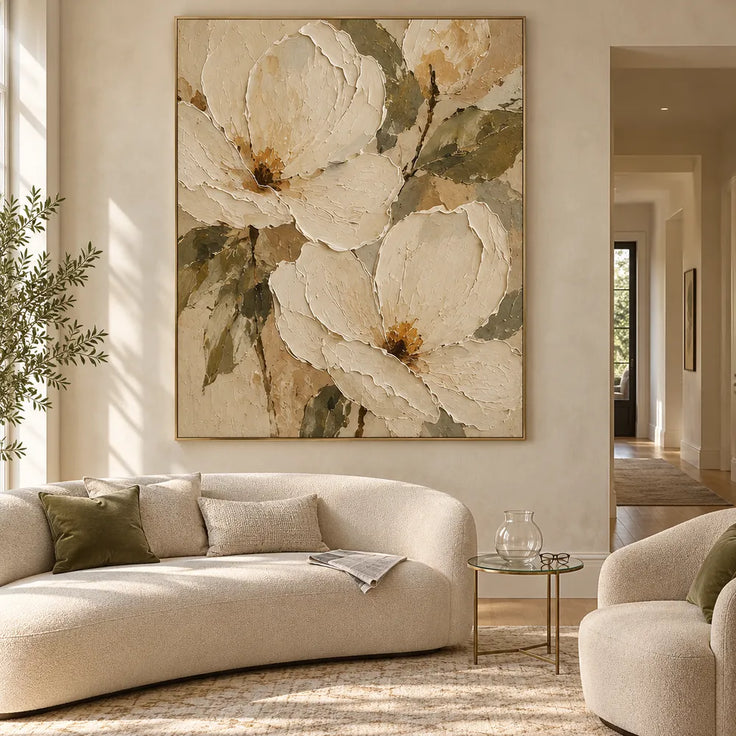 Cream Hand-Painted Oil Painting, Oversized Floral Blooms and Olive Leaves #NT8H5PRP