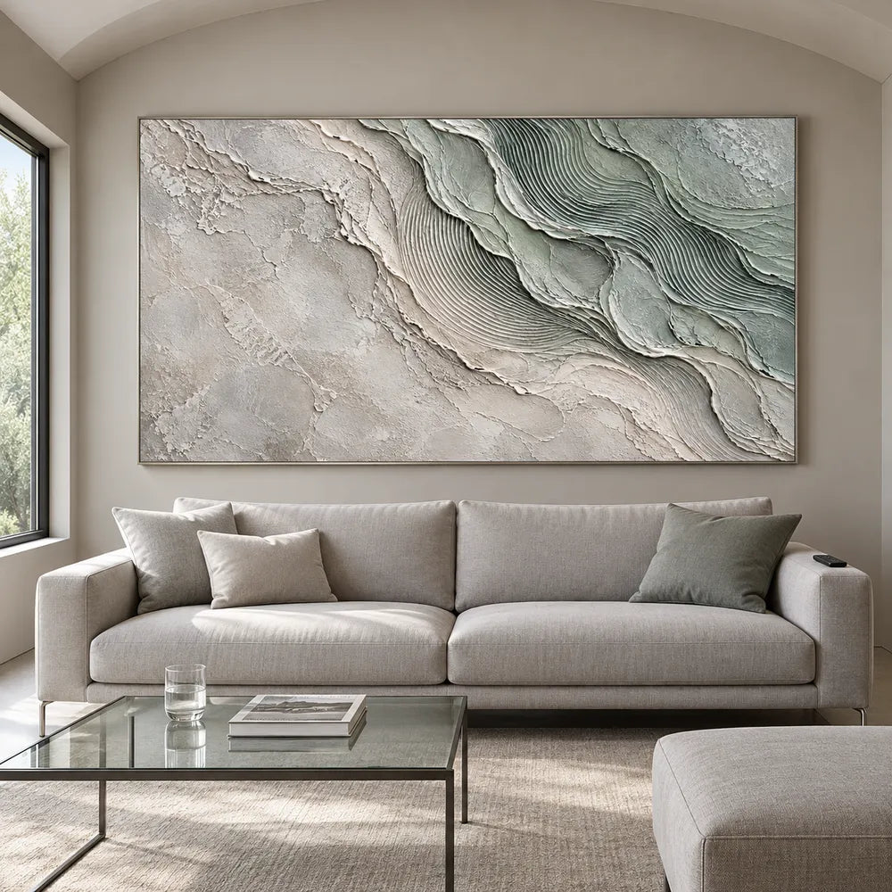 Sage and White Hand-Painted Oil Painting, Flowing Fine-Line Contours #HX2DO6GI