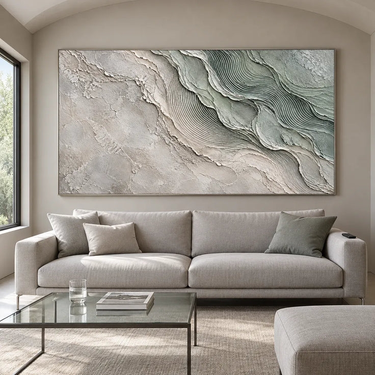 Sage and White Hand-Painted Oil Painting, Flowing Fine-Line Contours #HX2DO6GI