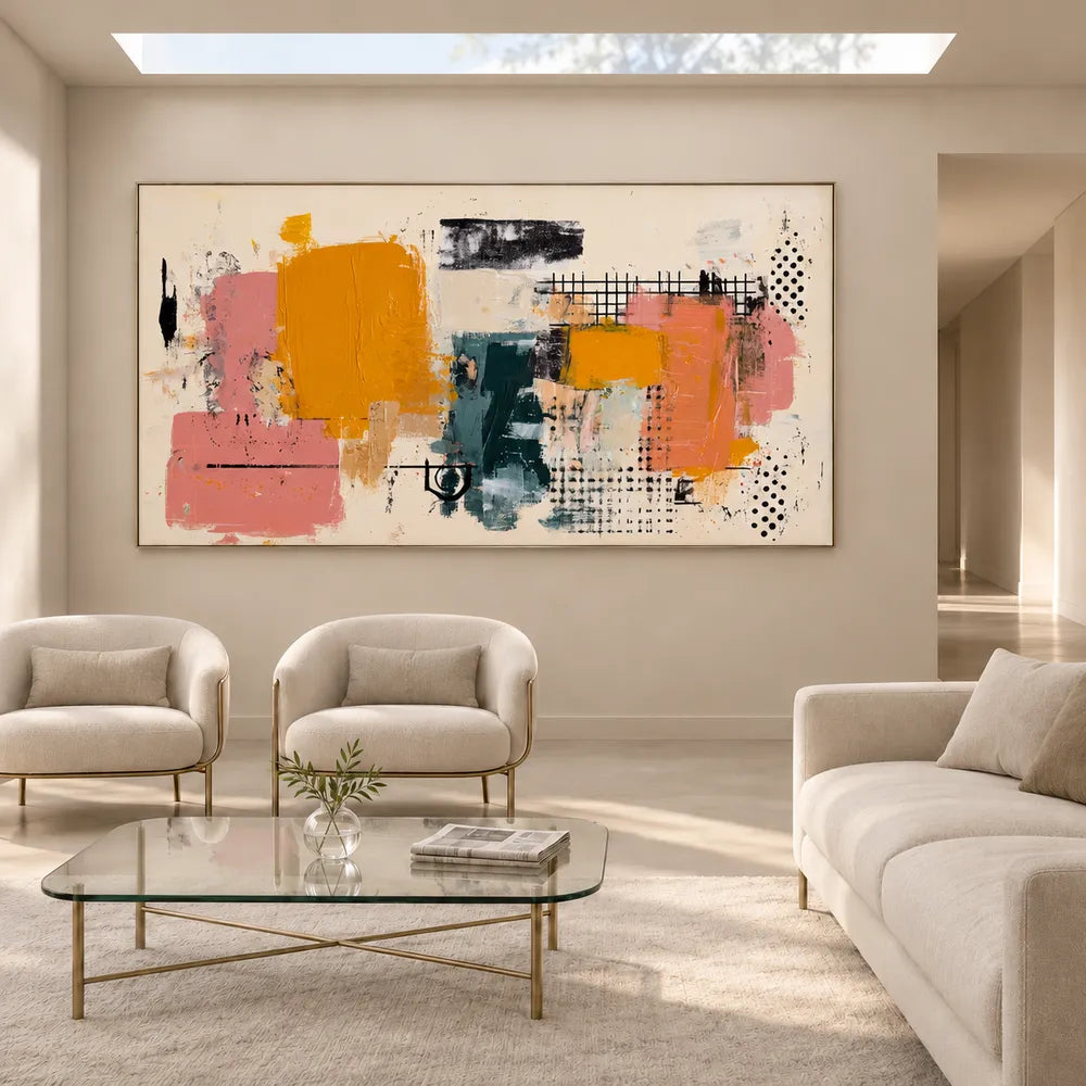 Mustard and Pink Hand-Painted Oil Painting, Graphic Abstract #05NDDBLI