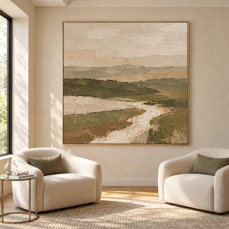 Earth-Tone Hand-Painted Oil Painting, Winding Path Through Layered Hills #6Y6LMHCQ