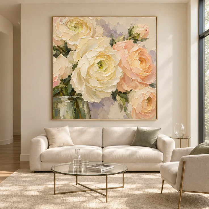 Cream Hand-Painted Oil Painting, Close-Up Peach and Ivory Flowers #22T3QUTE